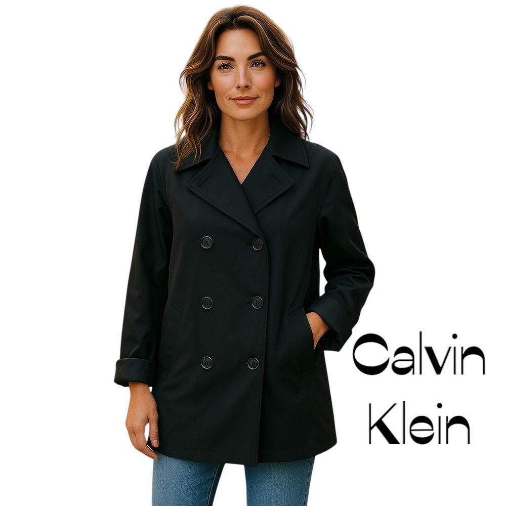Calvin Klein Black Double-Breasted Trench Rain Coat Size L EuroGirl
